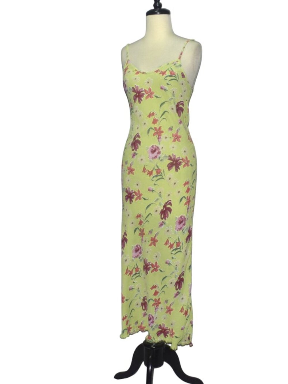 Vintage 90s Y2k Shani Lime Green Floral Rayon Crepe Bias Cut Midi Slip Dress XS